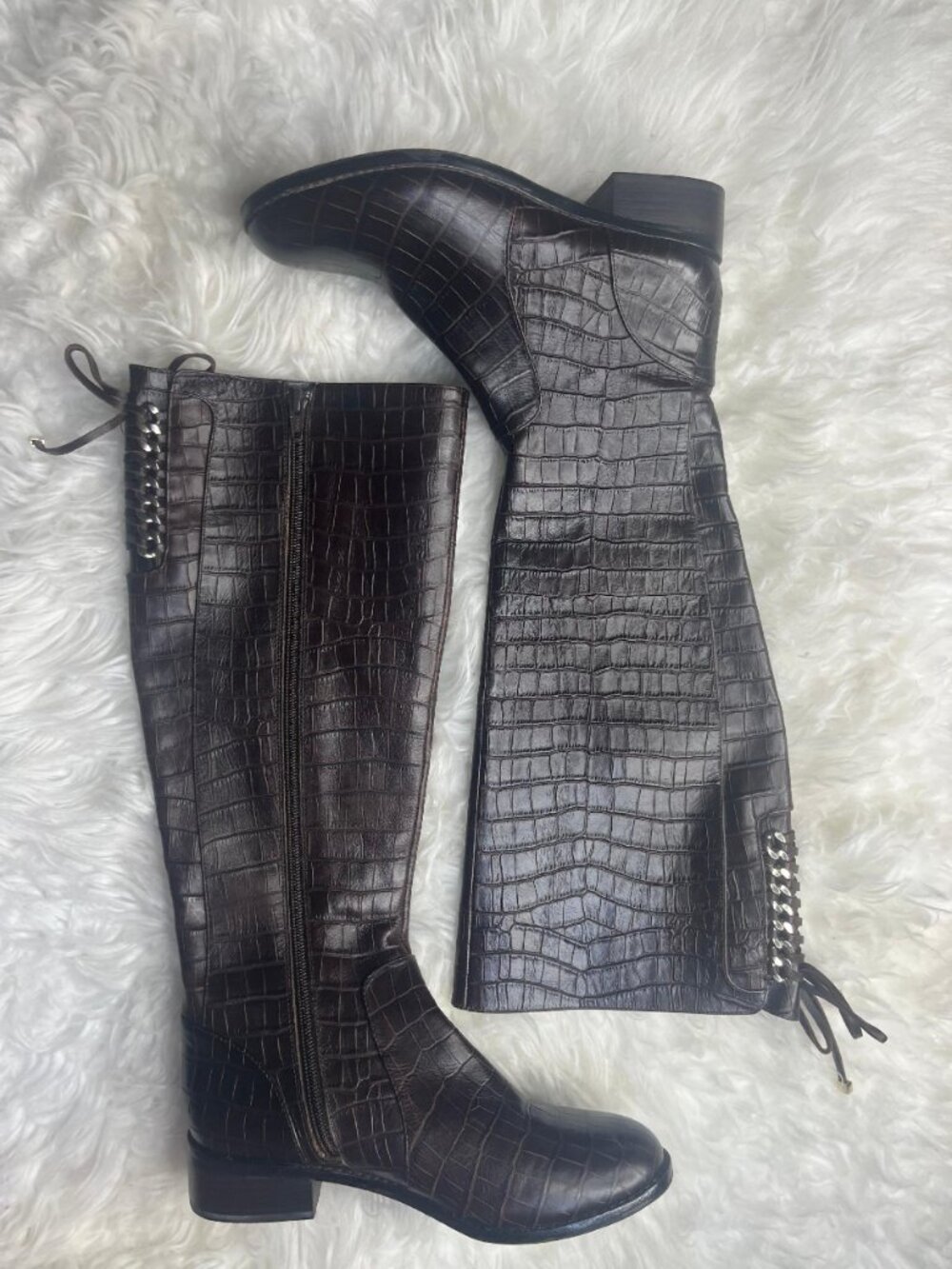 Antonio Melani NWOT Brown Croc Embossed Leather Knee High Chain Lace Up Boots 6M - Picture 2 of 4